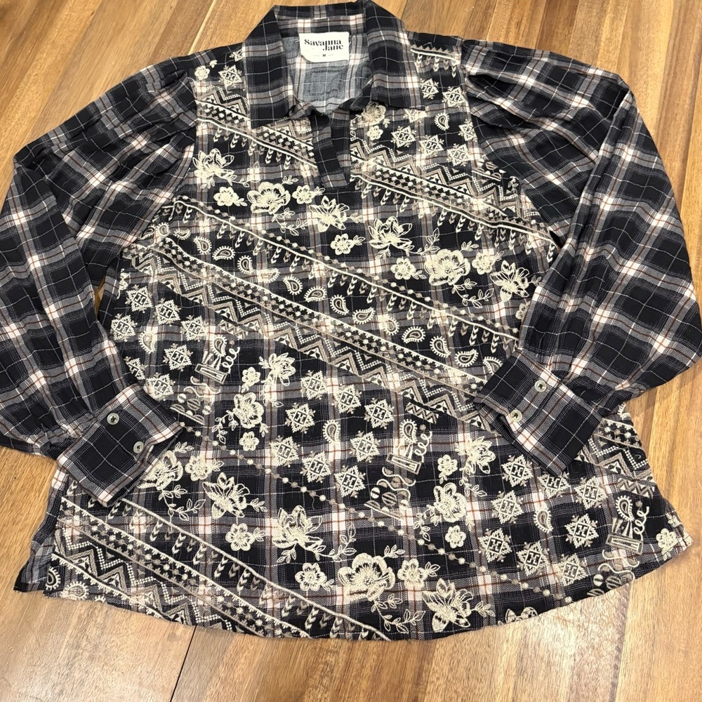 Savanna Jane Embroidered Patchwork Plaid Boho Button Up Blouse Medium